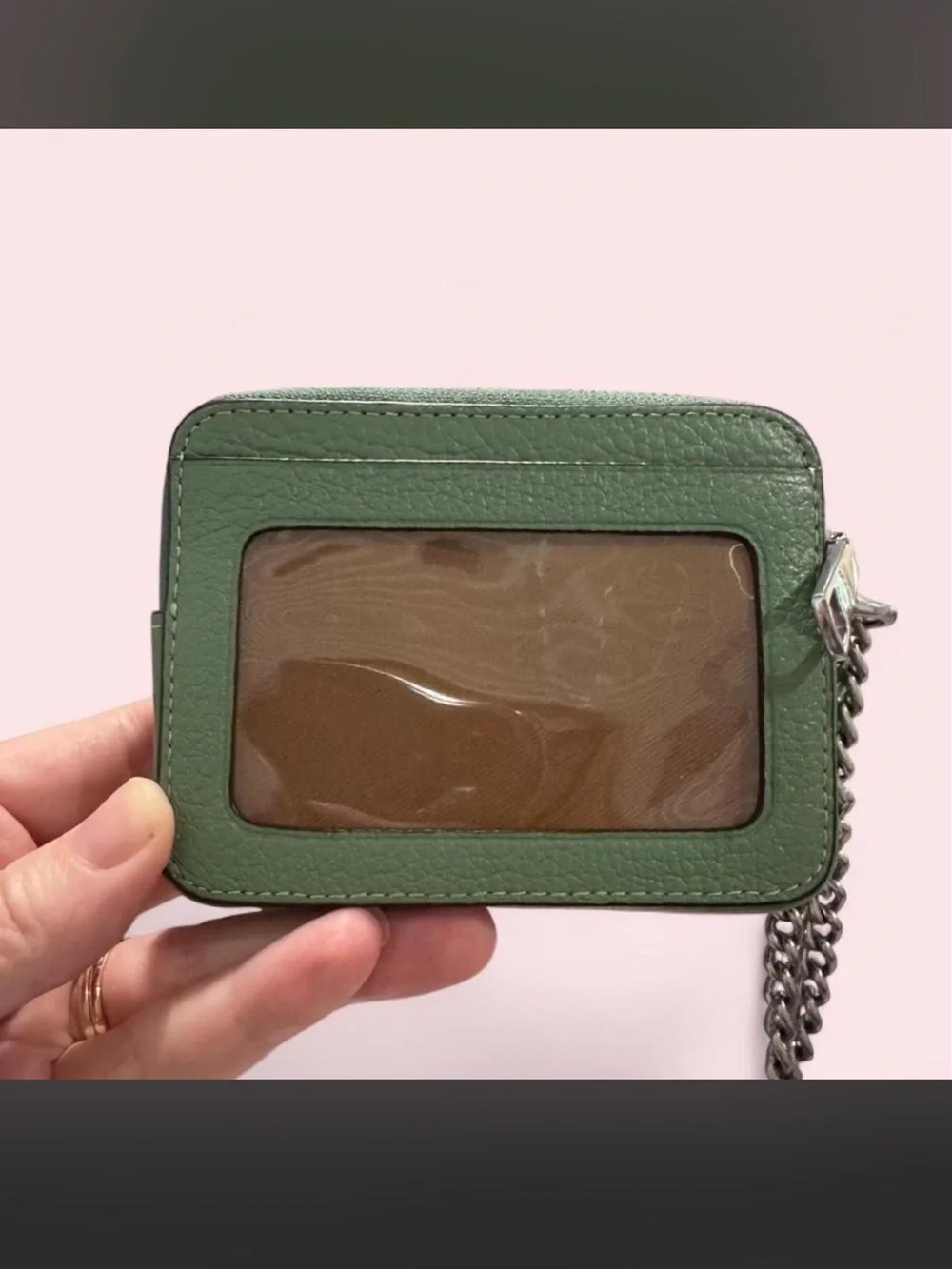 Coach Sage Green Leather Zip Card Case with Chain